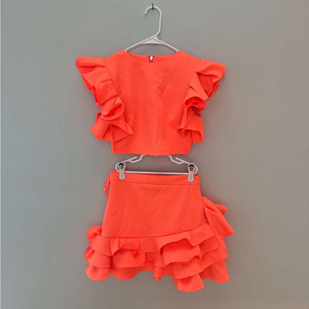2pc Ruffle Neon Coral Orange Scuba Set